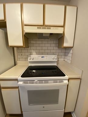 Rocky Mount apartment for rent - A white oven with a stove top sits under a set of white cabinets.