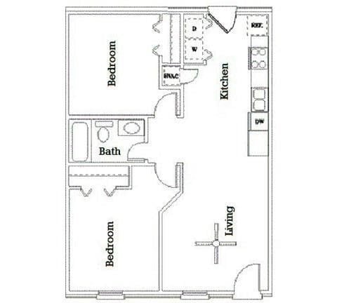 Floor plan for 2 beds, 1 bath, 745 sqft