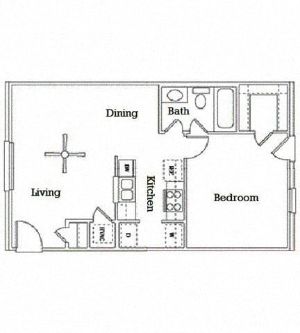 Floor plan for 1 bed, 1 bath, 617 sqft
