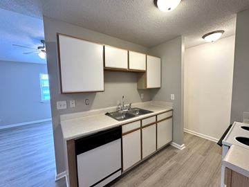 Rocky Mount apartment for rent - A kitchen with white cabinets and a black dishwasher.