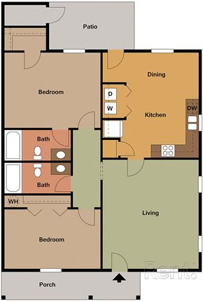 Clayton apartment for rent - A floor plan of a house with a patio, two bedrooms, a bathroom, a living room, a kitchen, and a porch.