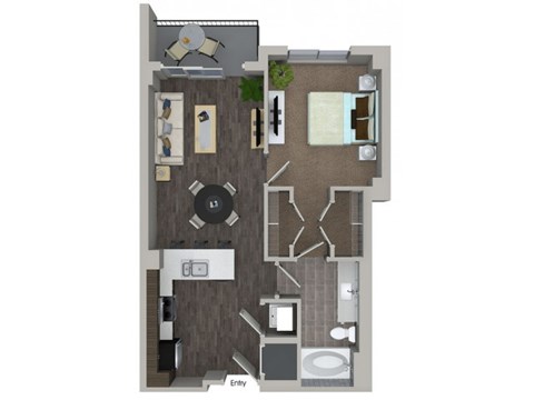 Floor plan for 1 bed, 1 bath, 715 sqft