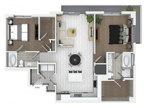 Floor plan for 2 beds, 2 baths, 1249 sqft