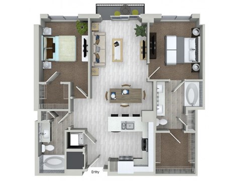 Floor plan for 2 beds, 2 baths, 1029 sqft