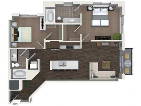 Floor plan for 2 beds, 2 baths, 1040 sqft
