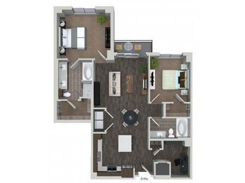 Floor plan for 2 beds, 2 baths, 1235 sqft