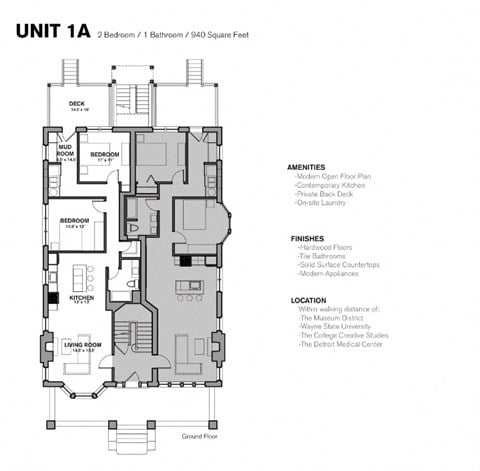 Floor plan for 2 beds, 1 bath, 1000 sqft