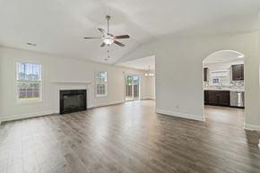 Sneads Ferry house for rent - A spacious living room with a fireplace and hardwood floors.