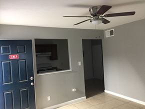 Phoenix apartment for rent - a room with a ceiling fan and a blue door