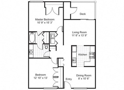 Floor plan for 2 beds, 1 bath, 1020 sqft