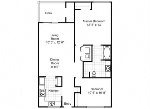 Floor plan for 2 beds, 1 bath, 950 sqft