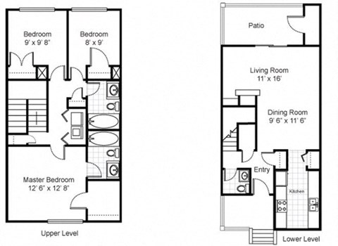 Floor plan for 3 beds, 2.5 baths, 1300 sqft