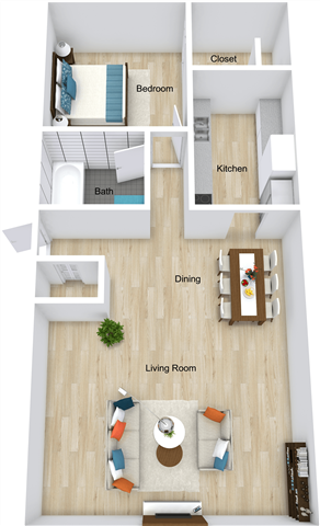 Floor plan for 1 bed, 1 bath, 664 sqft
