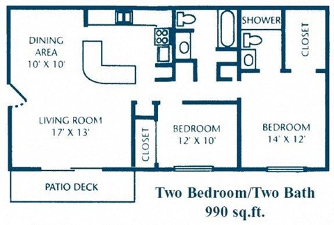 Floor plan for 2 beds, 2 baths, 900 sqft