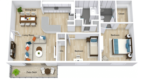 Floor plan for 2 beds, 2 baths, 990 sqft