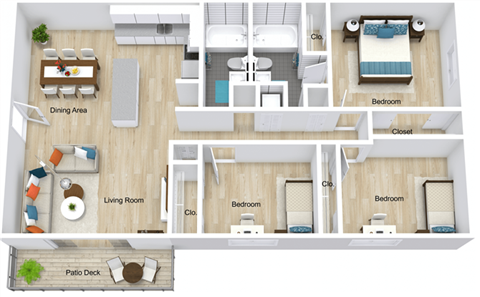 Floor plan for 3 beds, 2 baths, 1200 sqft