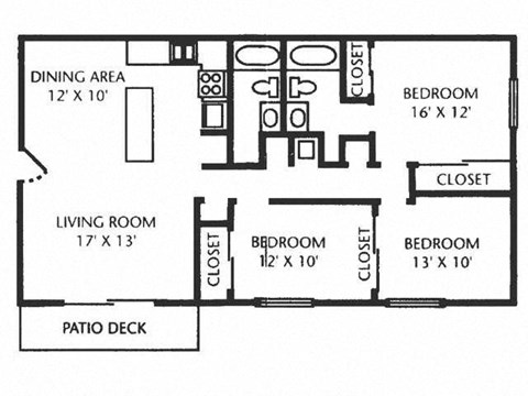 Floor plan for 3 beds, 2 baths, 1200 sqft