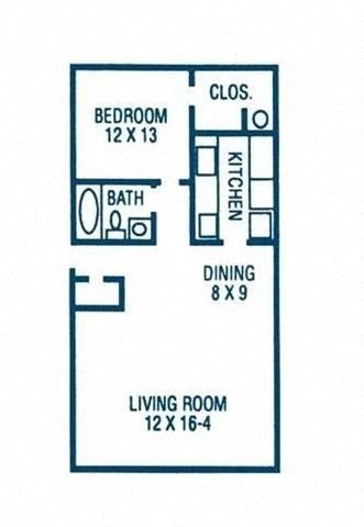 Floor plan for 1 bed, 1 bath, 565 sqft