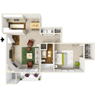 Floor plan for 1 bed, 1 bath, 744 sqft