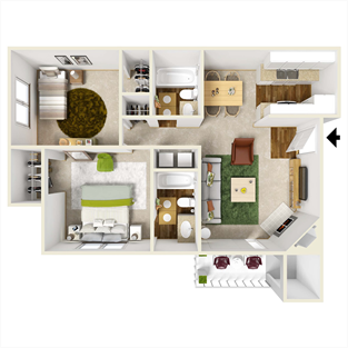 Floor plan for 2 beds, 2 baths, 883 sqft