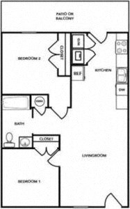 Floor plan for 2 beds, 1 bath, 755 sqft