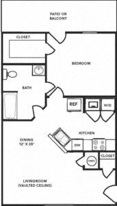 Floor plan for 1 bed, 1 bath, 690 sqft
