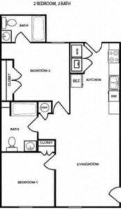 Floor plan for 2 beds, 2 baths, 870 sqft