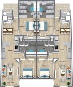 Youngsville apartment for rent - A floor plan of a house with a living room, dining room, kitchen, and two bedrooms.
