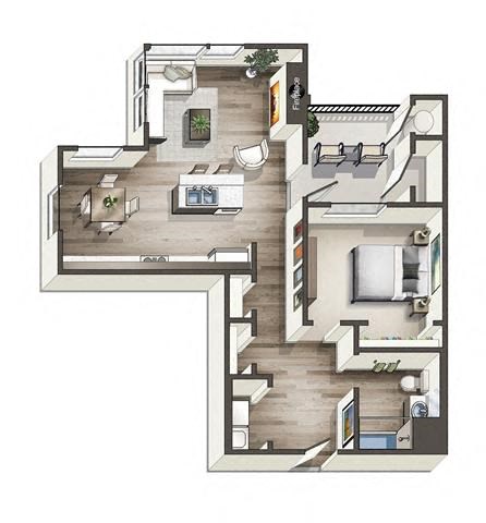 Floor plan for 1 bed, 1 bath, 845 sqft