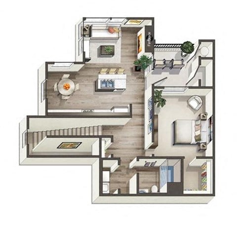 Floor plan for 1 bed, 1 bath, 905 sqft