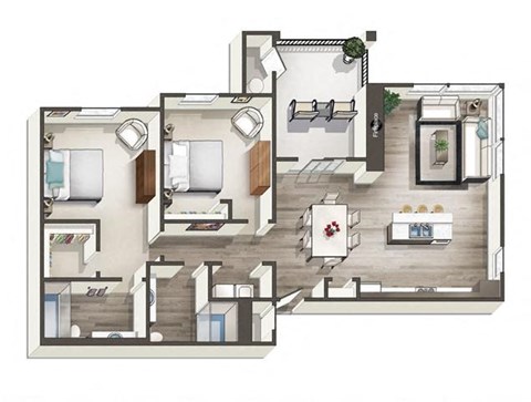 Floor plan for 2 beds, 2 baths, 1034 sqft