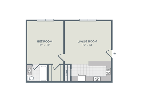Floor plan for 1 bed, 1 bath, 625 sqft