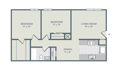 Floor plan for 2 beds, 1 bath, 850 sqft