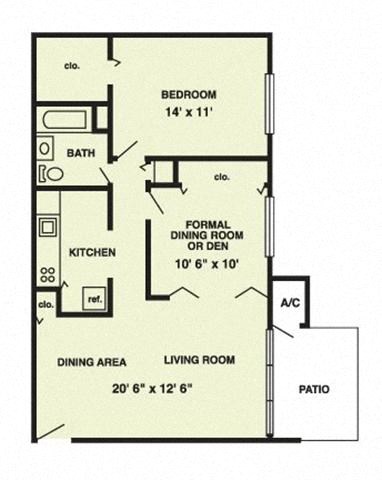 Floor plan for 1 bed, 1 bath, 850 sqft