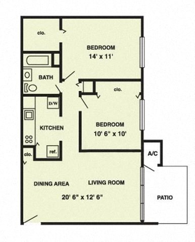 Floor plan for 2 beds, 1 bath, 850 sqft