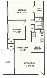 Floor plan for 2 beds, 1 bath, 1010 sqft