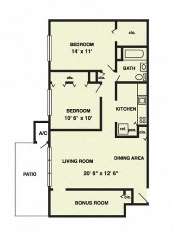 Floor plan for 2 beds, 1 bath, 925 sqft