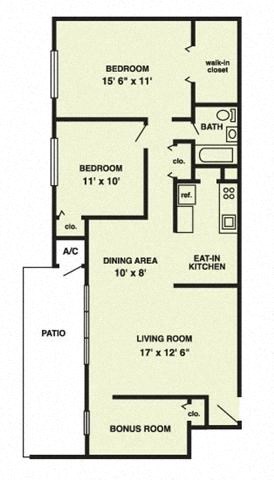 Floor plan for 2 beds, 1 bath, 1085 sqft