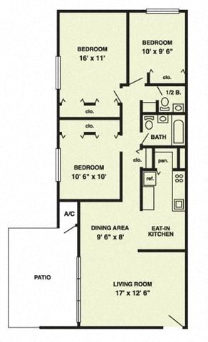 Floor plan for 3 beds, 1.5 baths, 1200 sqft