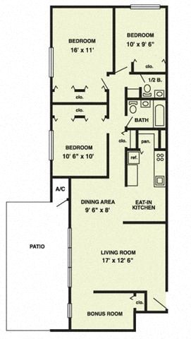 Floor plan for 3 beds, 1.5 baths, 1285 sqft