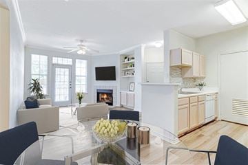 Lafayette apartment for rent - a living room with a glass table and a fireplace