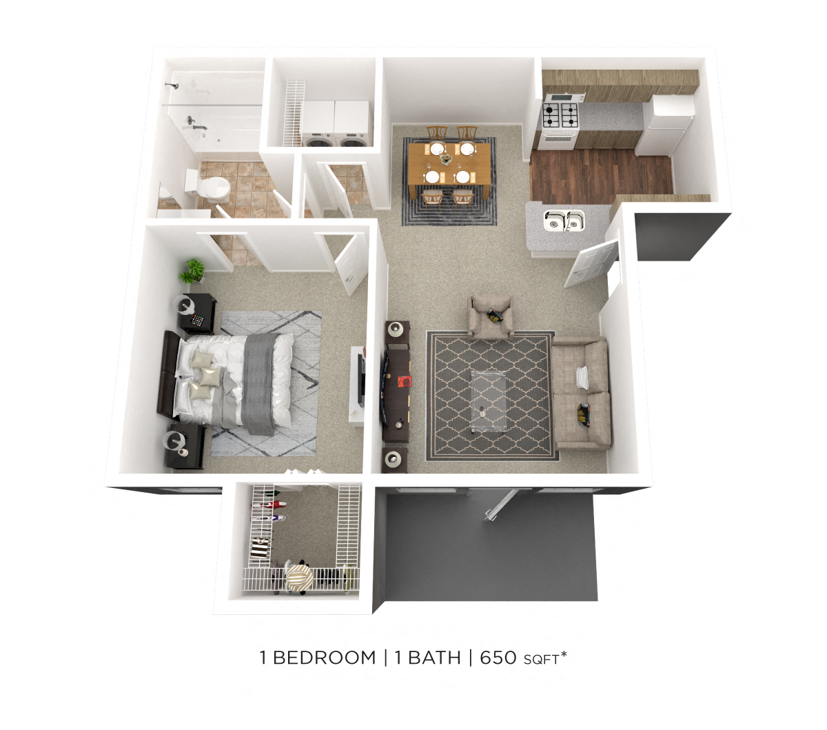 Floor plan for 1 bed, 1 bath, 710 sqft
