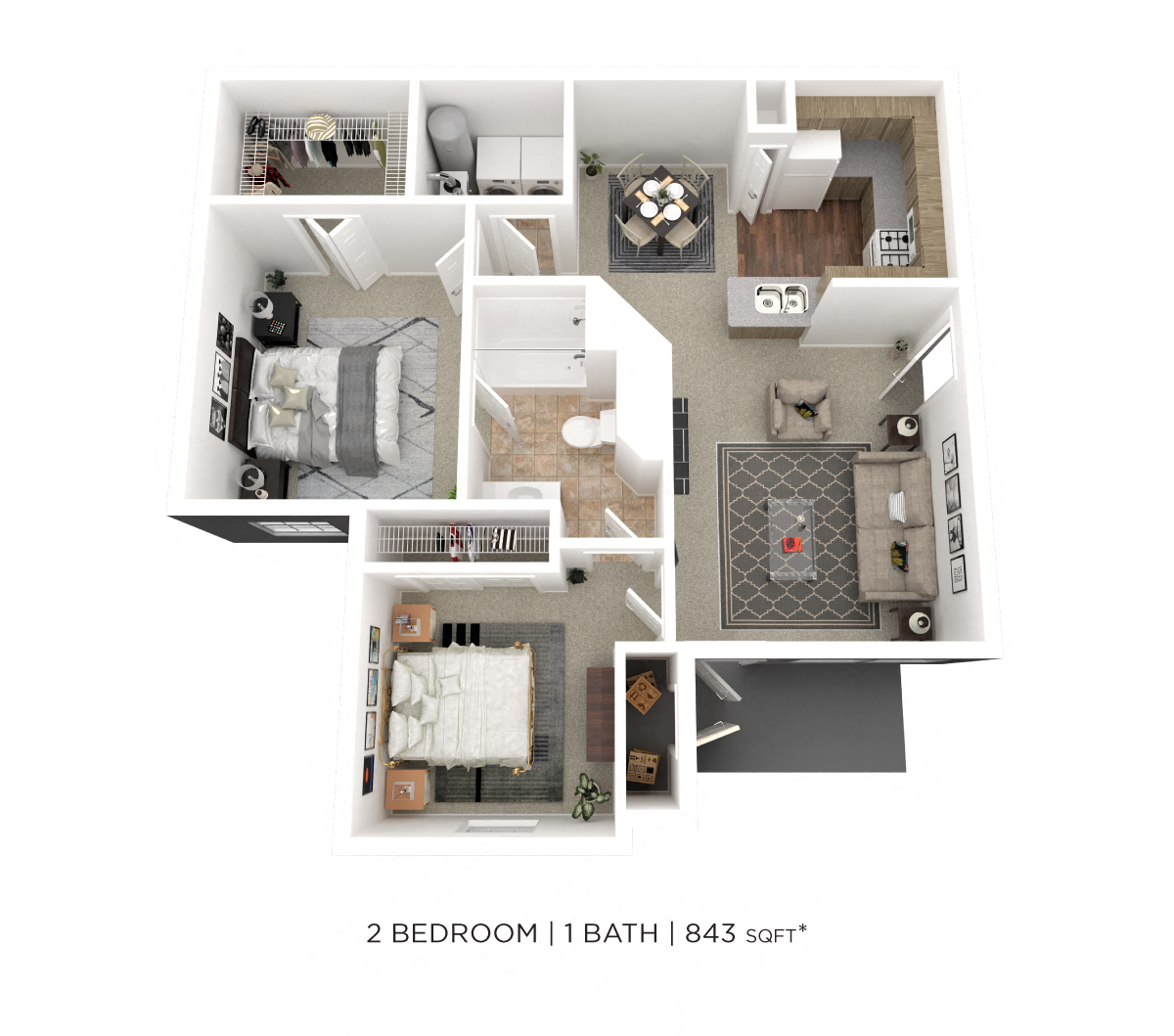Floor plan for 2 beds, 1 bath, 843 sqft