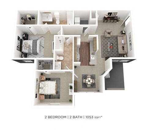 Floor plan for 2 beds, 2 baths, 1053 sqft
