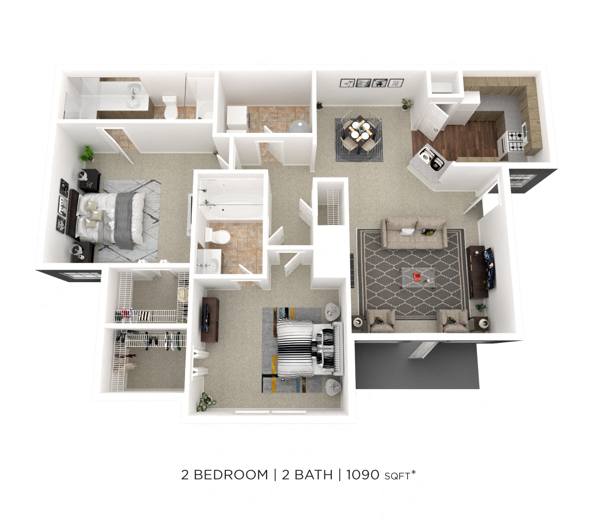 Floor plan for 2 beds, 2 baths, 1090 sqft