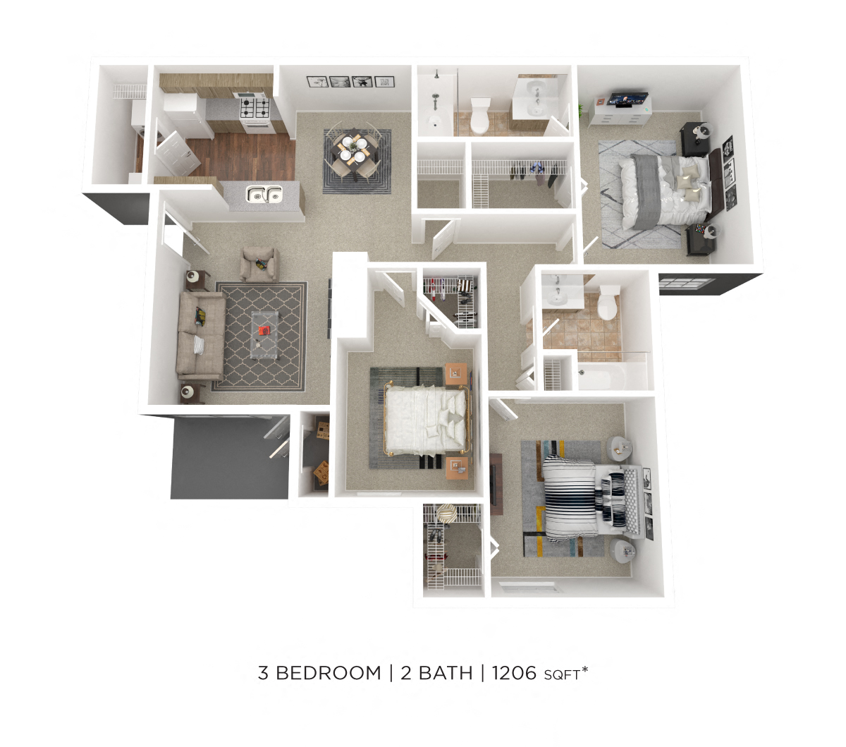 Floor plan for 3 beds, 2 baths, 1206 sqft
