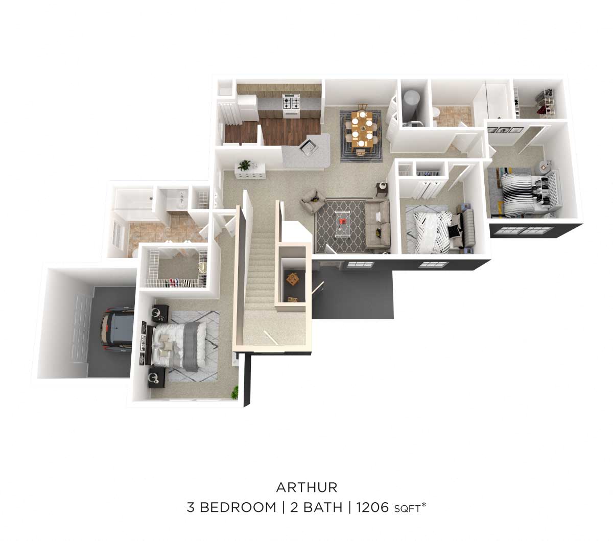 Floor plan for 3 beds, 2 baths, 1206 sqft