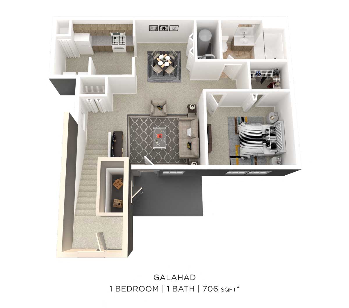 Floor plan for 1 bed, 1 bath, 706 sqft