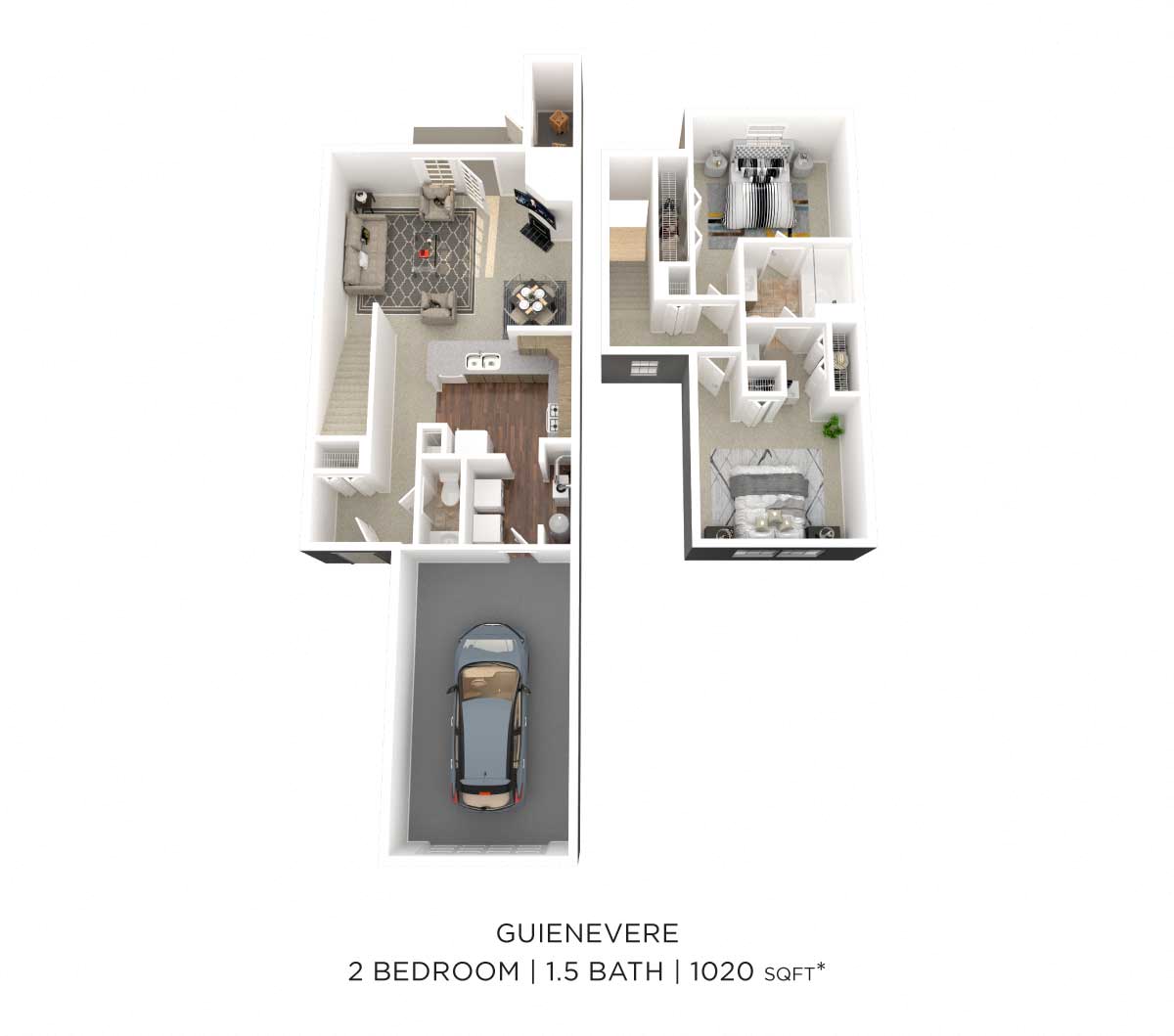 Floor plan for 2 beds, 1.5 baths, 1020 sqft