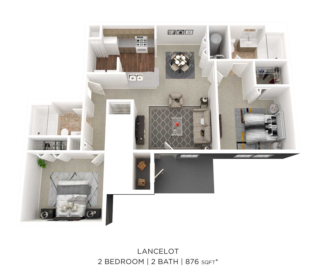 Floor plan for 2 beds, 2 baths, 876 sqft